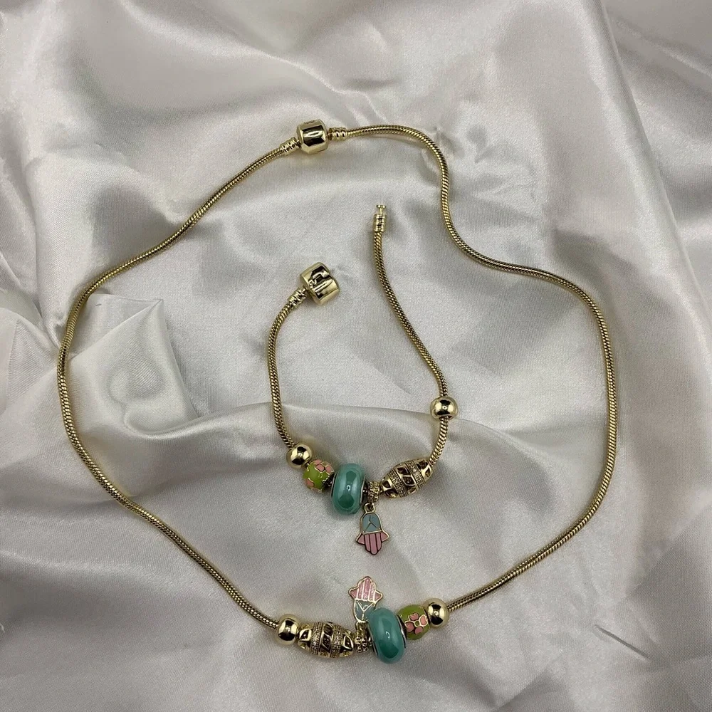 14k‎ Laminated Gold Snake Necklace and Bracelet Set with Blue Round Glass Beads